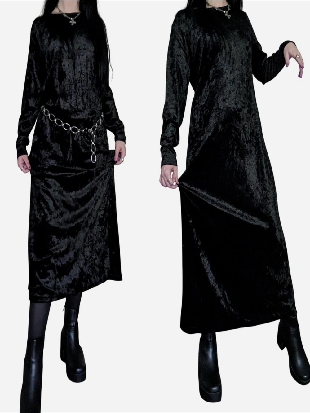 vintage 1990s gothic black long sleeve crushed velvet maxi dress